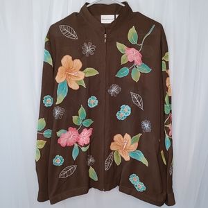 Alfred Dunner Brown Sheer Lightweight Sweater, Flower Designs, Cuffed
